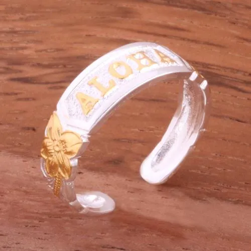 Sterling Silver Hawaiian Scroll ALOHA Cut Out Edge Toe Ring (Silver/Yellow Gold/Black Enamel) 4mm