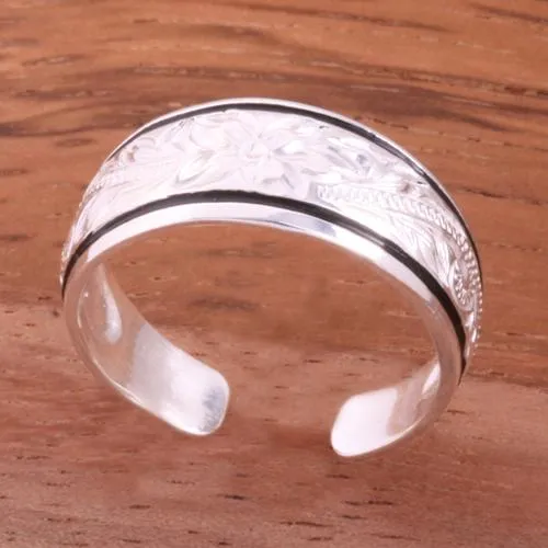 Sterling Silver Hawaiian Scroll Black Border Smooth Edge Toe Ring 8mm