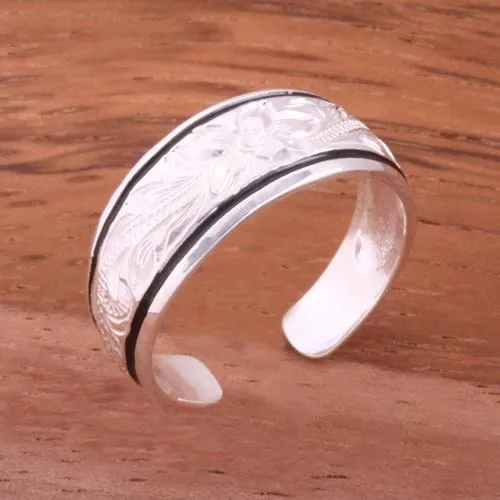 Sterling Silver Hawaiian Scroll Black Border Smooth Edge Toe Ring 8mm