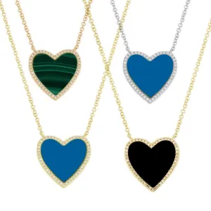 Sterling Silver Heart Stone With CZ Border Necklace