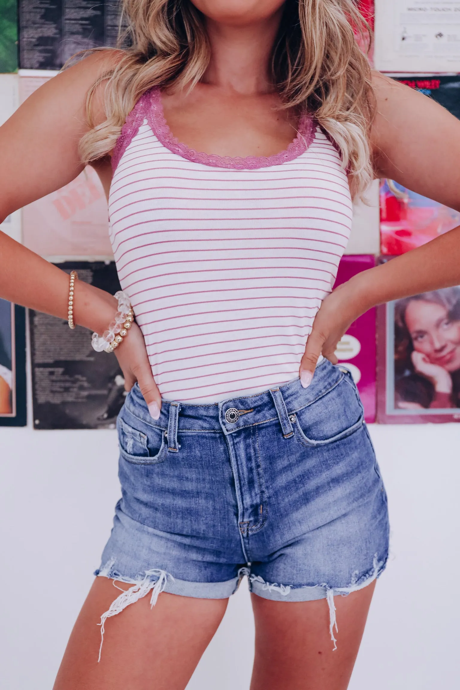 Summer Lace Trimmed Striped Tank - Lavender