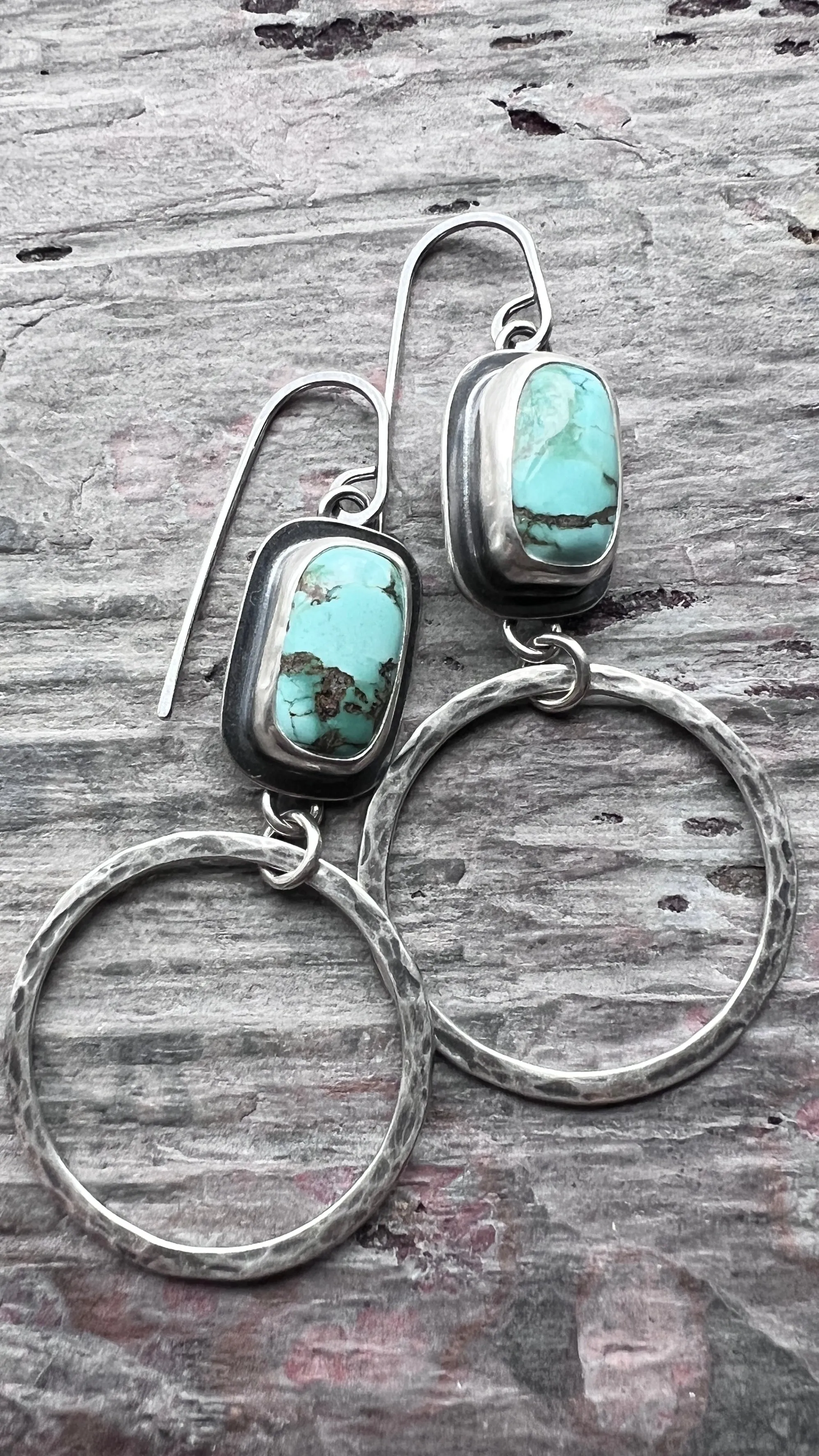 Turquoise Sterling Silver Earrings | Genuine Natural Turquoise and Hammered Hoops