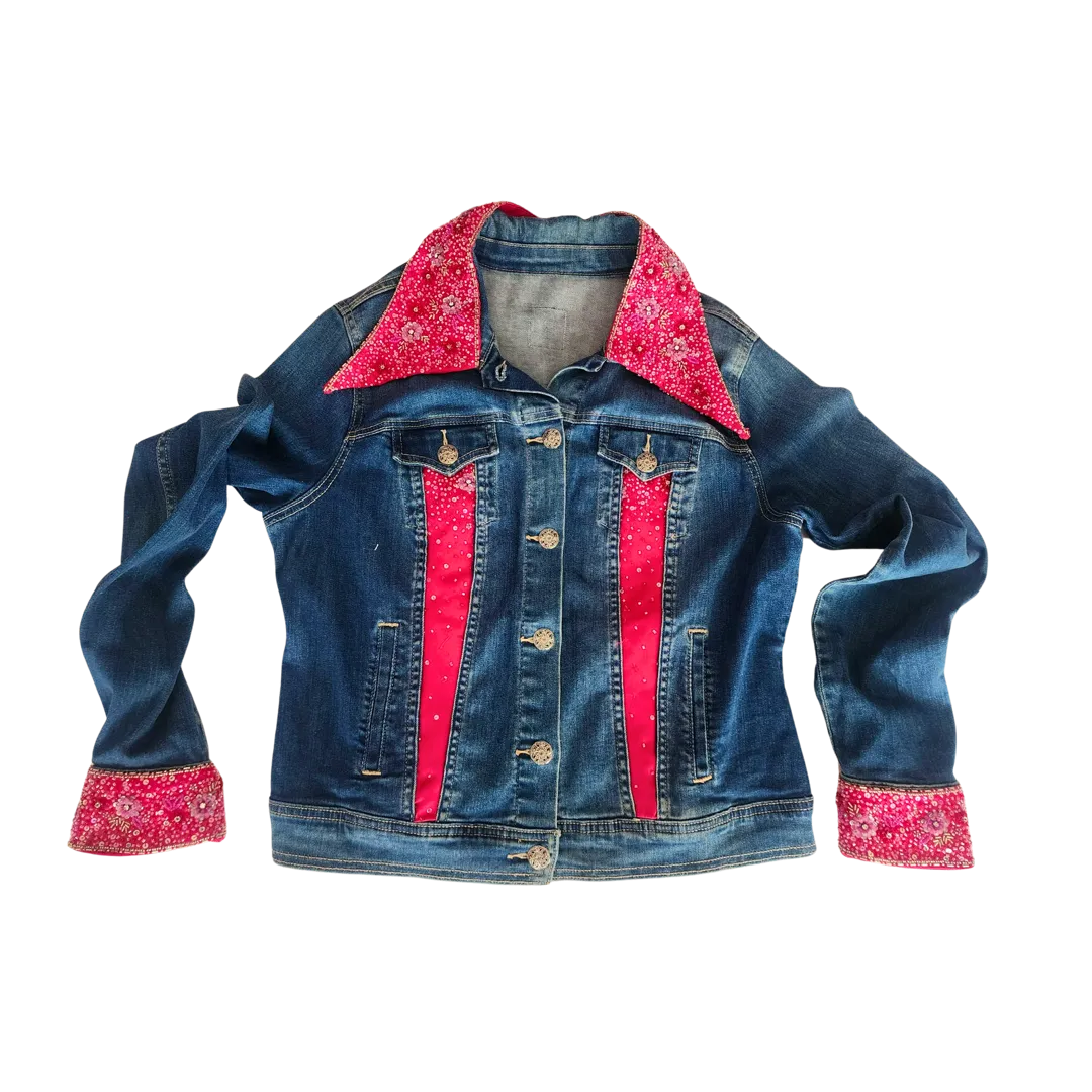 Upcycled Jean Jacket with Artisanal Beaded Flower Accents