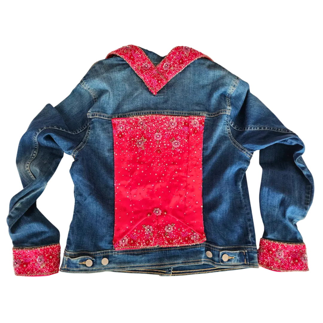 Upcycled Jean Jacket with Artisanal Beaded Flower Accents