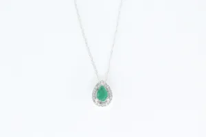 White Gold Emerald and Diamond Halo Pendant with Chain