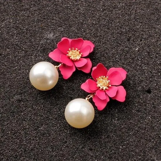 Women Flower Dangle Simulated Pearl Drop Earrings