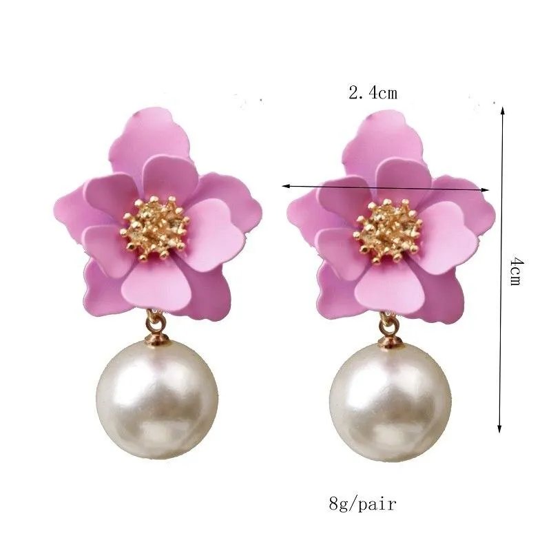 Women Flower Dangle Simulated Pearl Drop Earrings