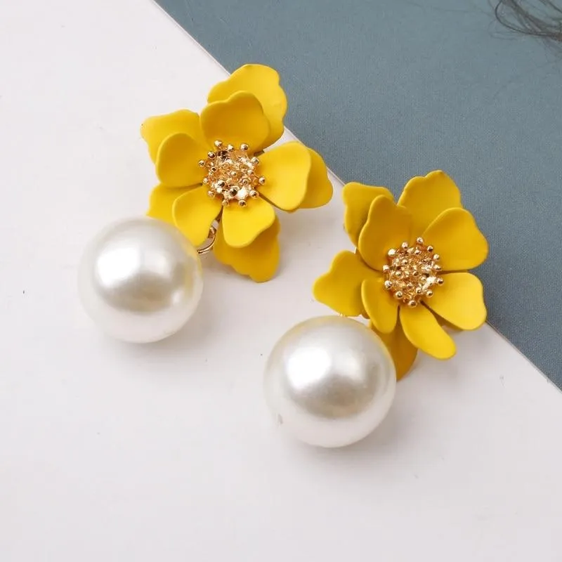 Women Flower Dangle Simulated Pearl Drop Earrings