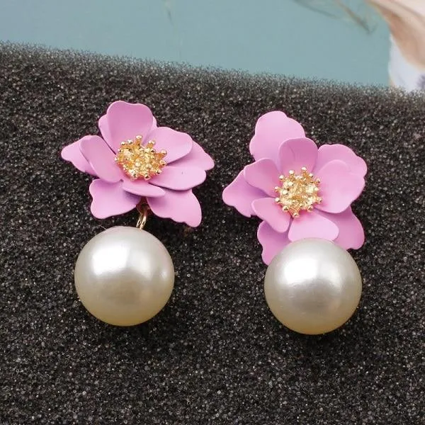 Women Flower Dangle Simulated Pearl Drop Earrings