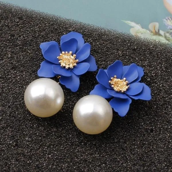 Women Flower Dangle Simulated Pearl Drop Earrings