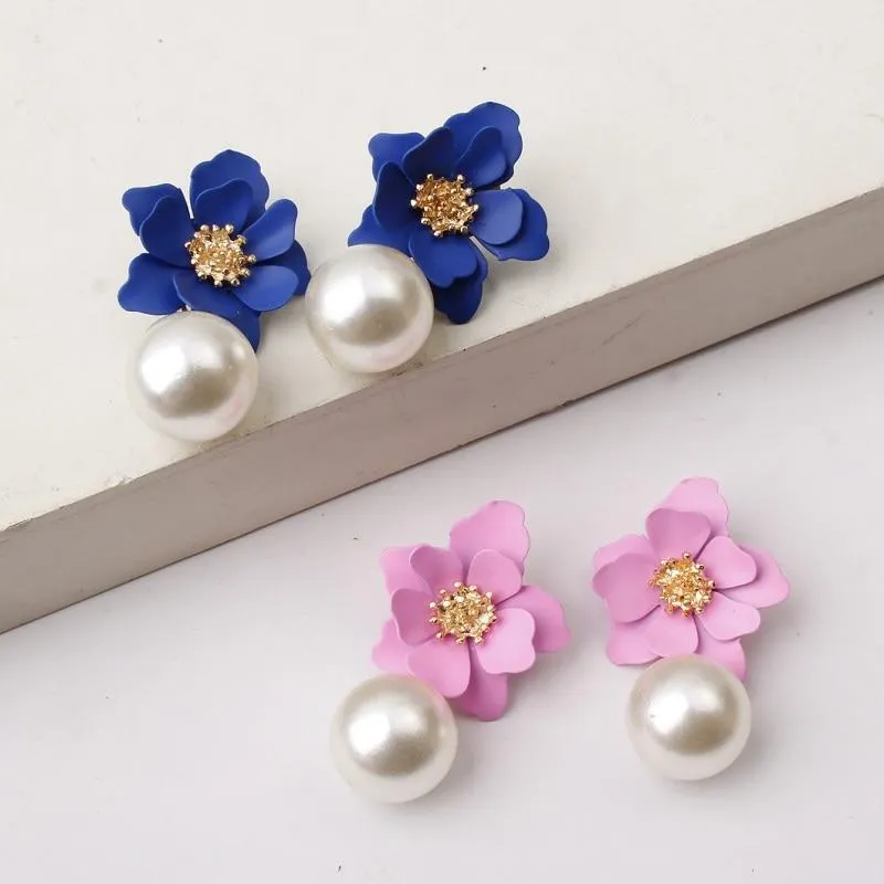 Women Flower Dangle Simulated Pearl Drop Earrings
