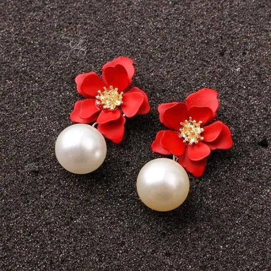 Women Flower Dangle Simulated Pearl Drop Earrings