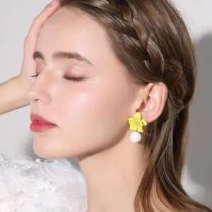 Women Flower Dangle Simulated Pearl Drop Earrings