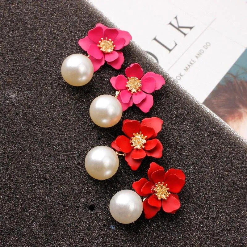 Women Flower Dangle Simulated Pearl Drop Earrings
