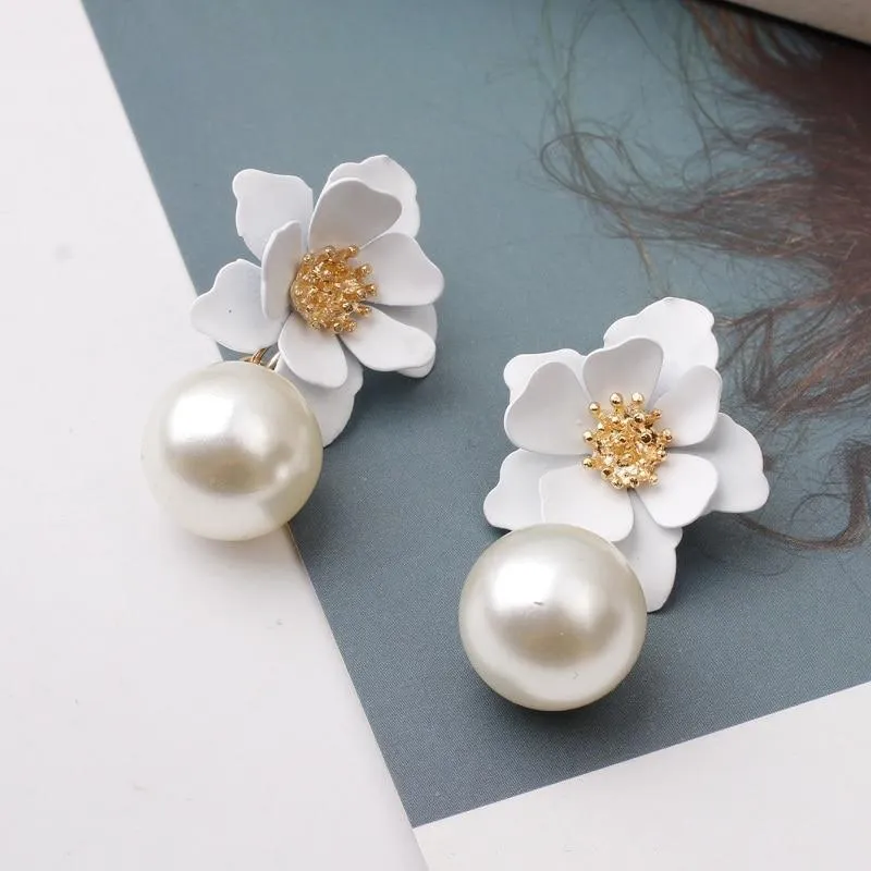 Women Flower Dangle Simulated Pearl Drop Earrings