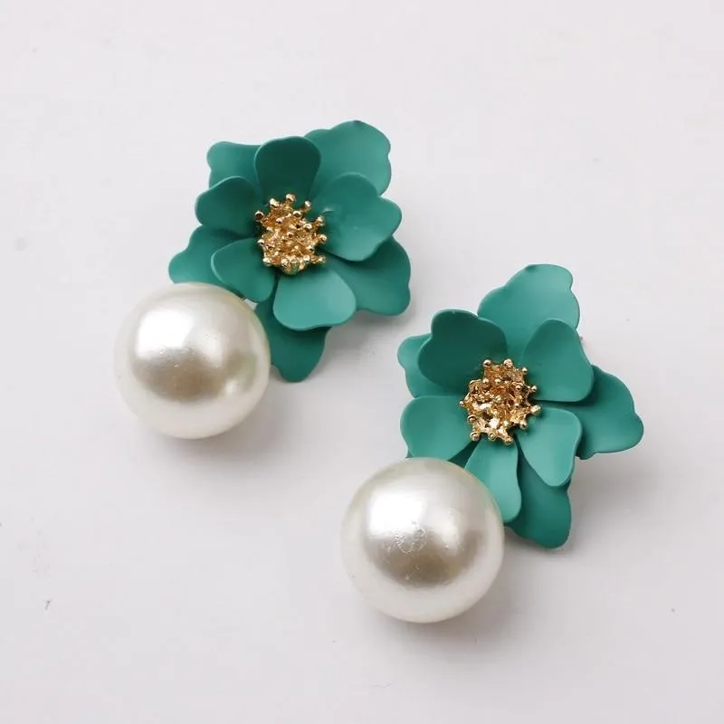 Women Flower Dangle Simulated Pearl Drop Earrings